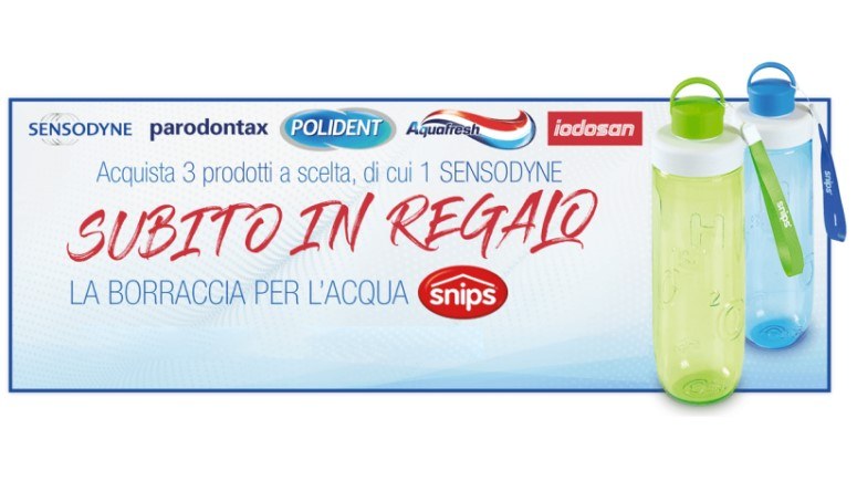 Con Parodontax, Polident, Aquafresh, Iodosan e Sensodyne ricevi la borraccia per l'acqua Snips come premio sicuro