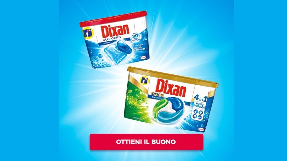 Scarica subito un buono sconto da 1,50€ per Dixan Duo-Caps o Dixan Discs 1