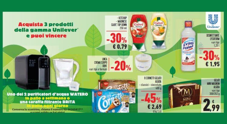 Concorso Unilever da Conad Unes Iper La Grande i vinci Caraffe filtranti Brita e Purificatori acqua Watero