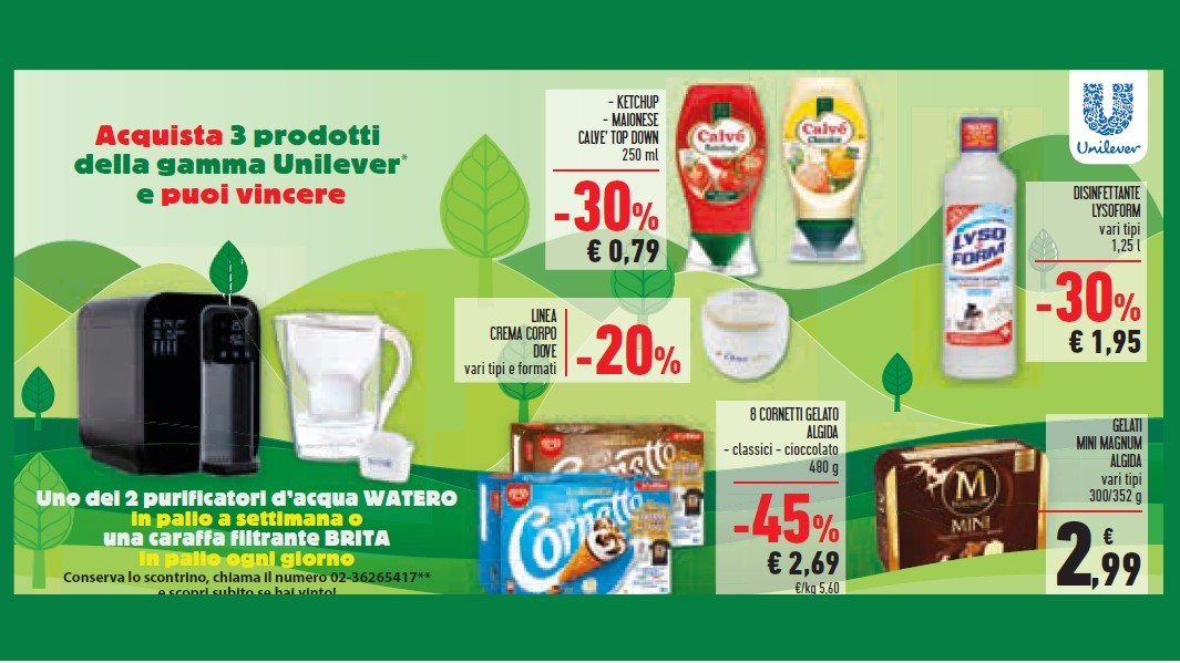Concorso Unilever da Conad Unes Iper La Grande i vinci Caraffe filtranti Brita e Purificatori acqua Watero