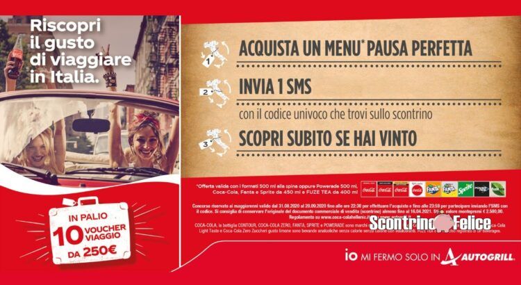 Concorso Autogrill e Coca Cola Riscopri il gusto di viaggiare in italia vinci voucher viaggio da 250 euro