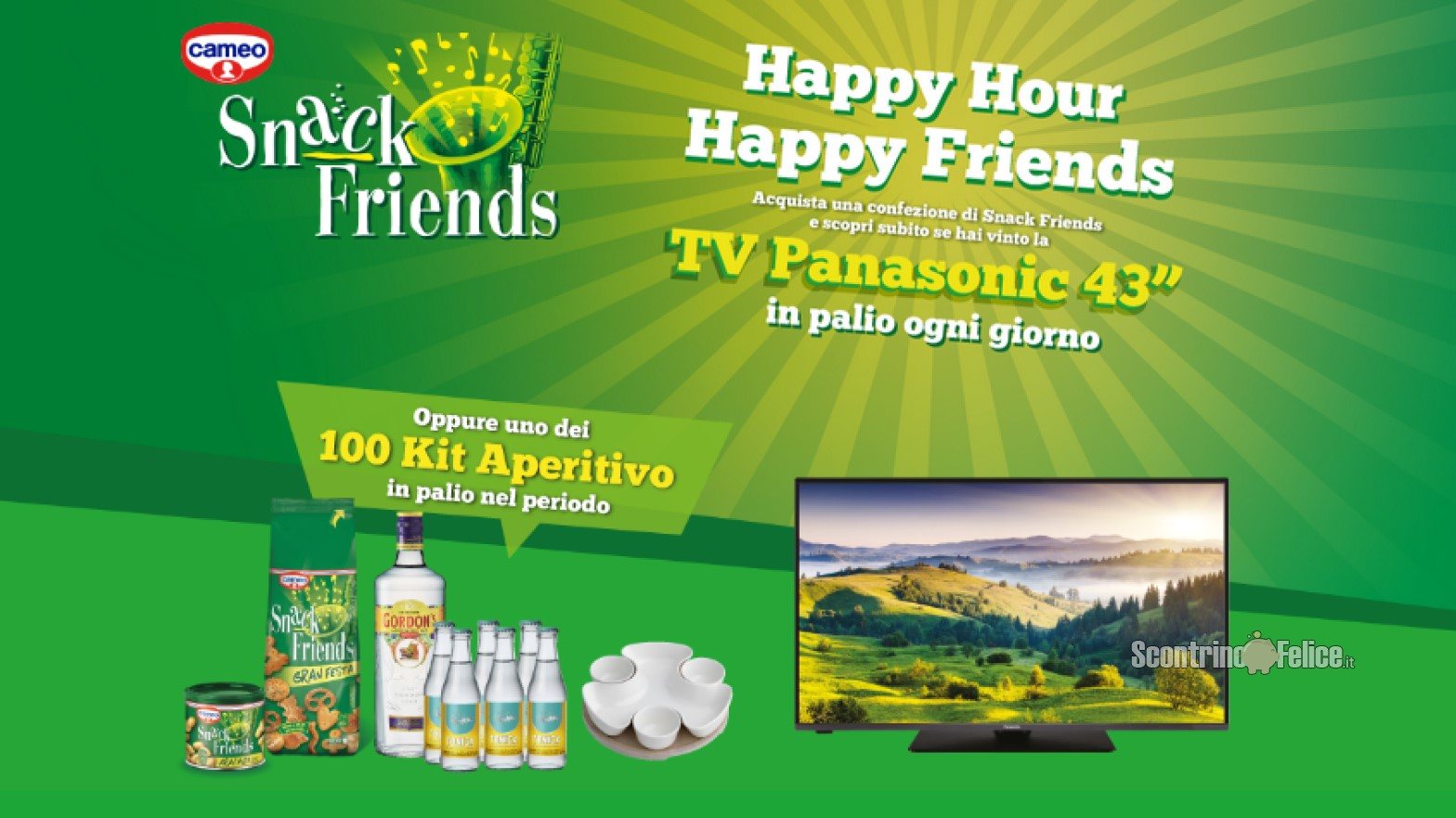 Concorso Cameo Happy hour happy friends vinci 70 TV Panasonic e Kit Aperitivo