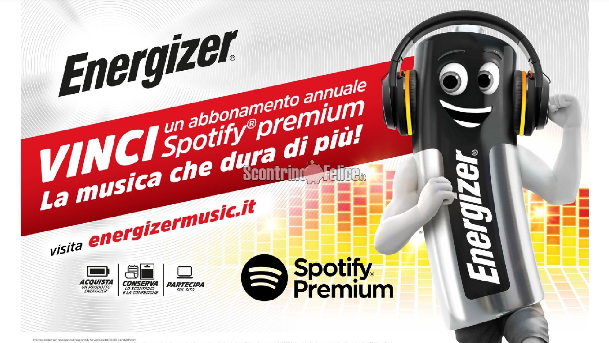 Concorso Energizer La musica che dura di più vinci abbonamenti annuali Spotify Premium