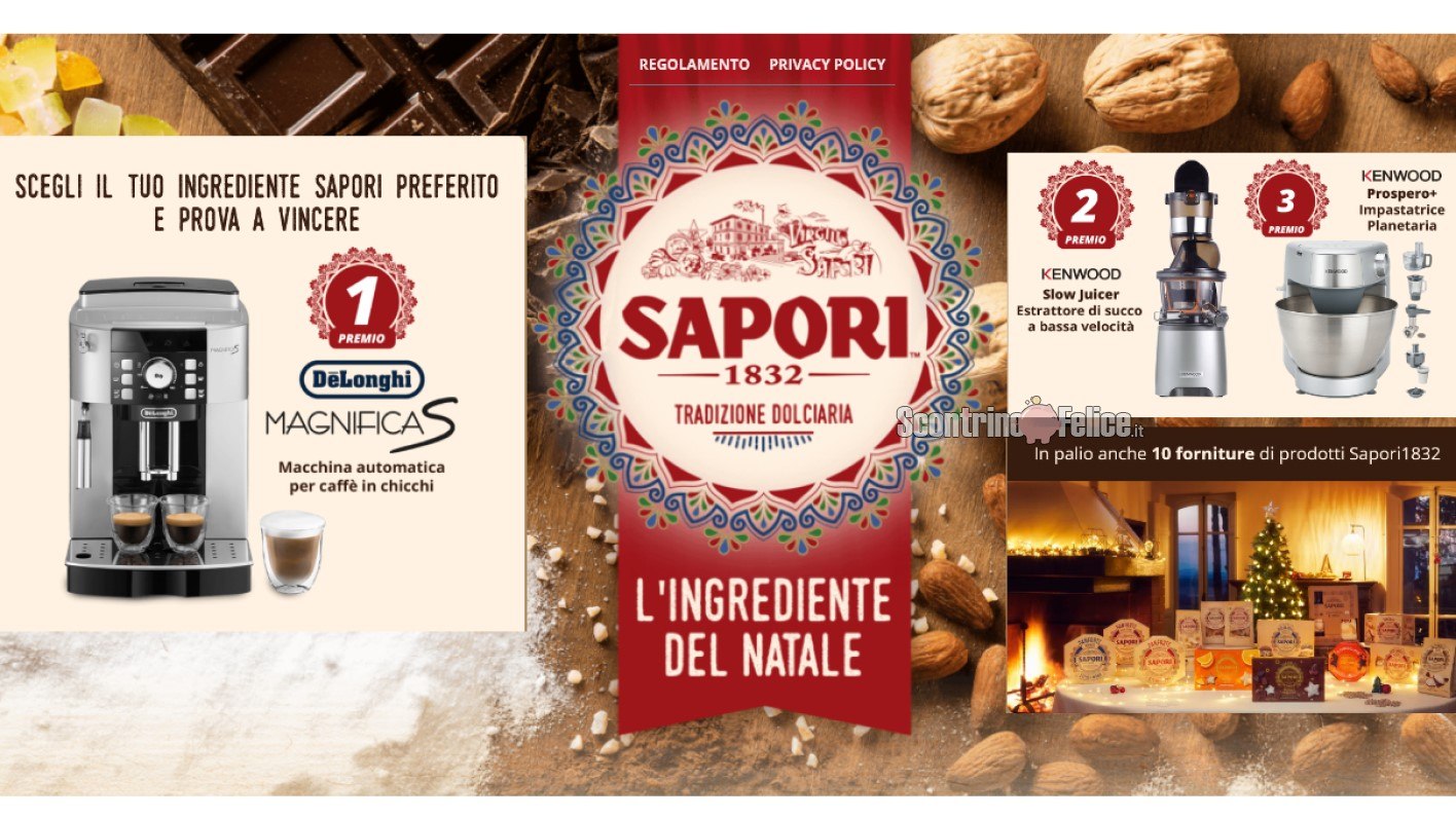 Concorso gratuito “Sapori: l'ingrediente del Natale”: vinci macchina per il caffè, estrattore, impastatrice planetaria e forniture di prodotti