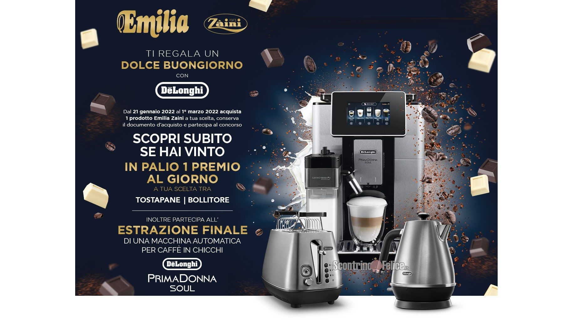 Concorso “Emilia Zaini ti regala un dolce buongiorno”: vinci bollitore, tostapane e macchine per caffè De’Longhi