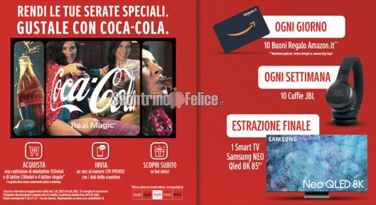 Concorso Coca Cola “Screen Time“: vinci buoni Amazon da 50 euro, cuffie JBL e Smart TV Samsung da 85