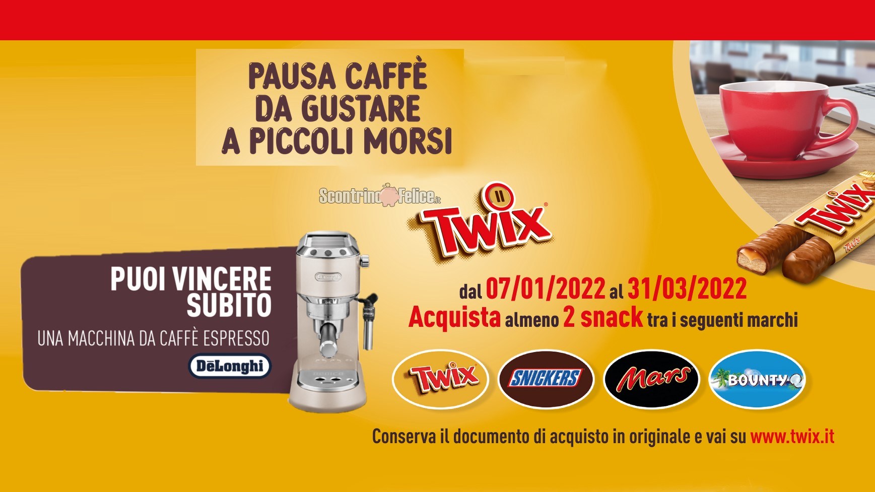 Concorso Twix, Mars, Bounty e Snickers “Twix & Coffee”: in palio 50 Macchinette per il caffè espresso DeLonghi Dedica Metallics