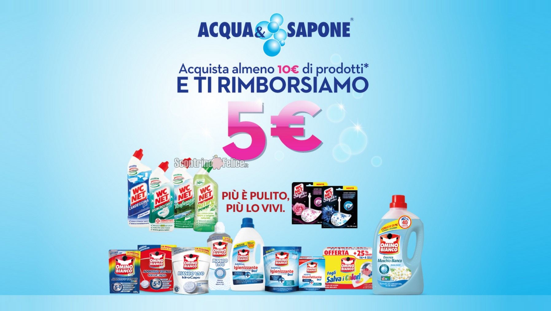 Omino Bianco e WC Net "Il pulito ti rimborsa": acquista almeno 10 euro di prodotti e ricevi il rimborso di 5 euro