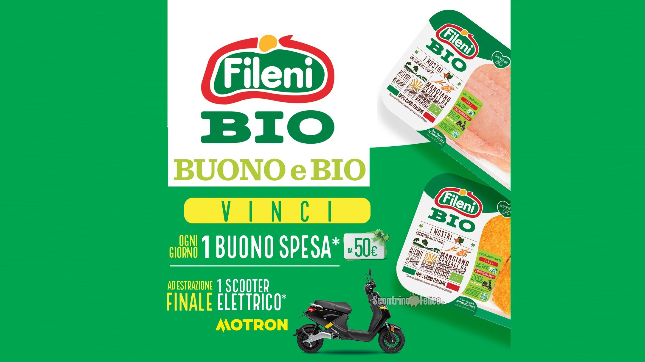 Concorso Fileni "Buono e Bio": vinci ogni giorno 1 buono spesa da 50 euro e 1 scooter elettrico Motron in estrazione finale