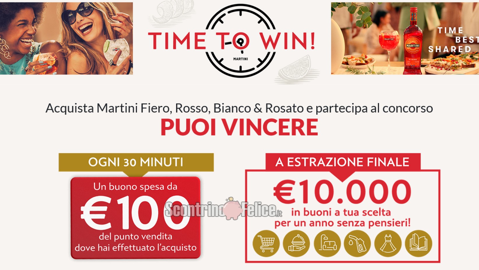 Concorso “Martini time to win”: in palio 1 buono spesa da 100 euro ogni 30 minuti e 10.000 euro in buoni acquisto a tua scelta!