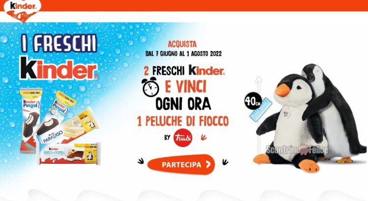 Concorso freschi Kinder: vinci 1 pinguino Peluche Fiocco by Trudi ogni ora