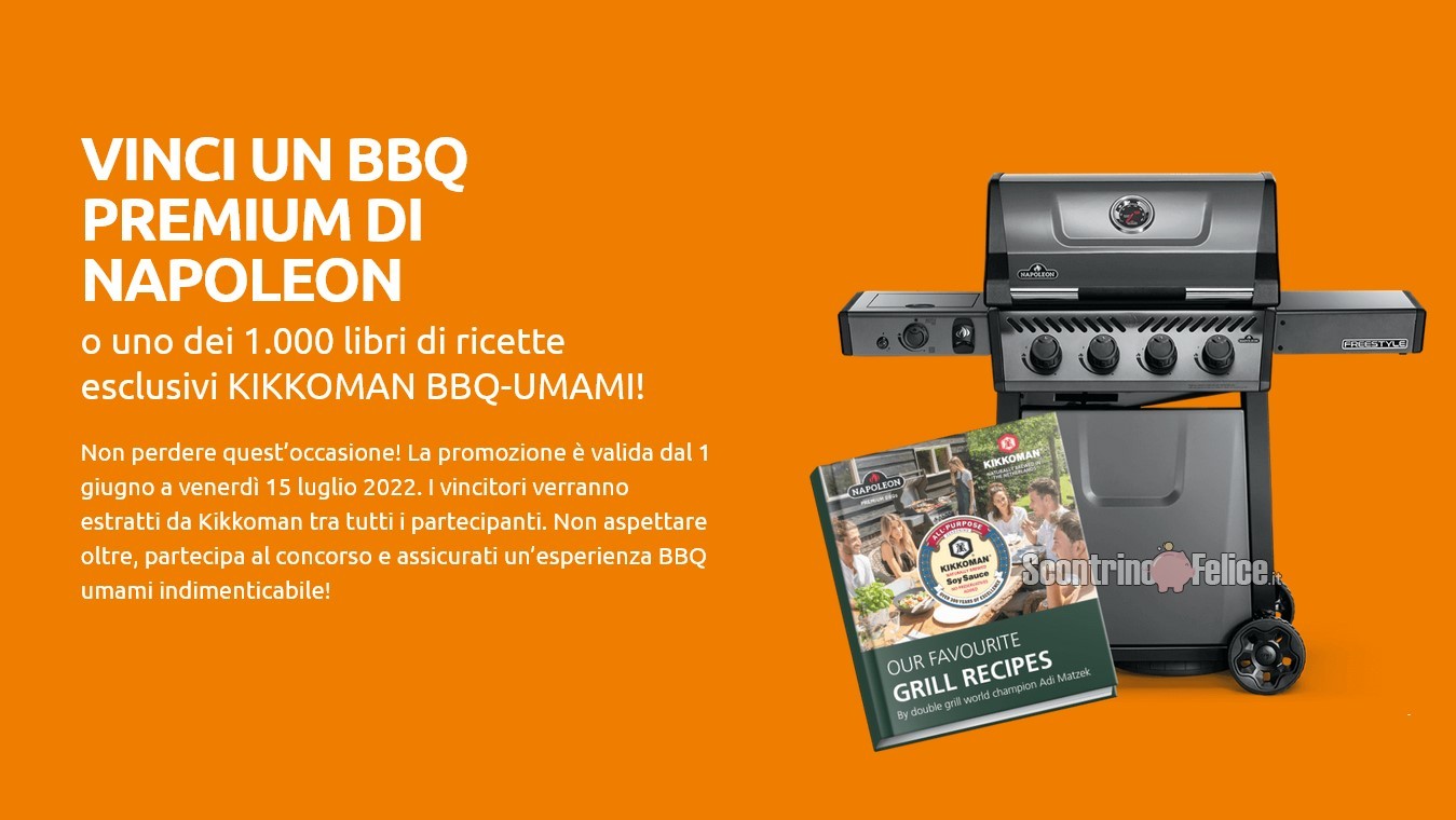 Concorso gratuito Kikkoman "Umami BBQ": vinci barbecue Napoleon e libri di ricette con soia