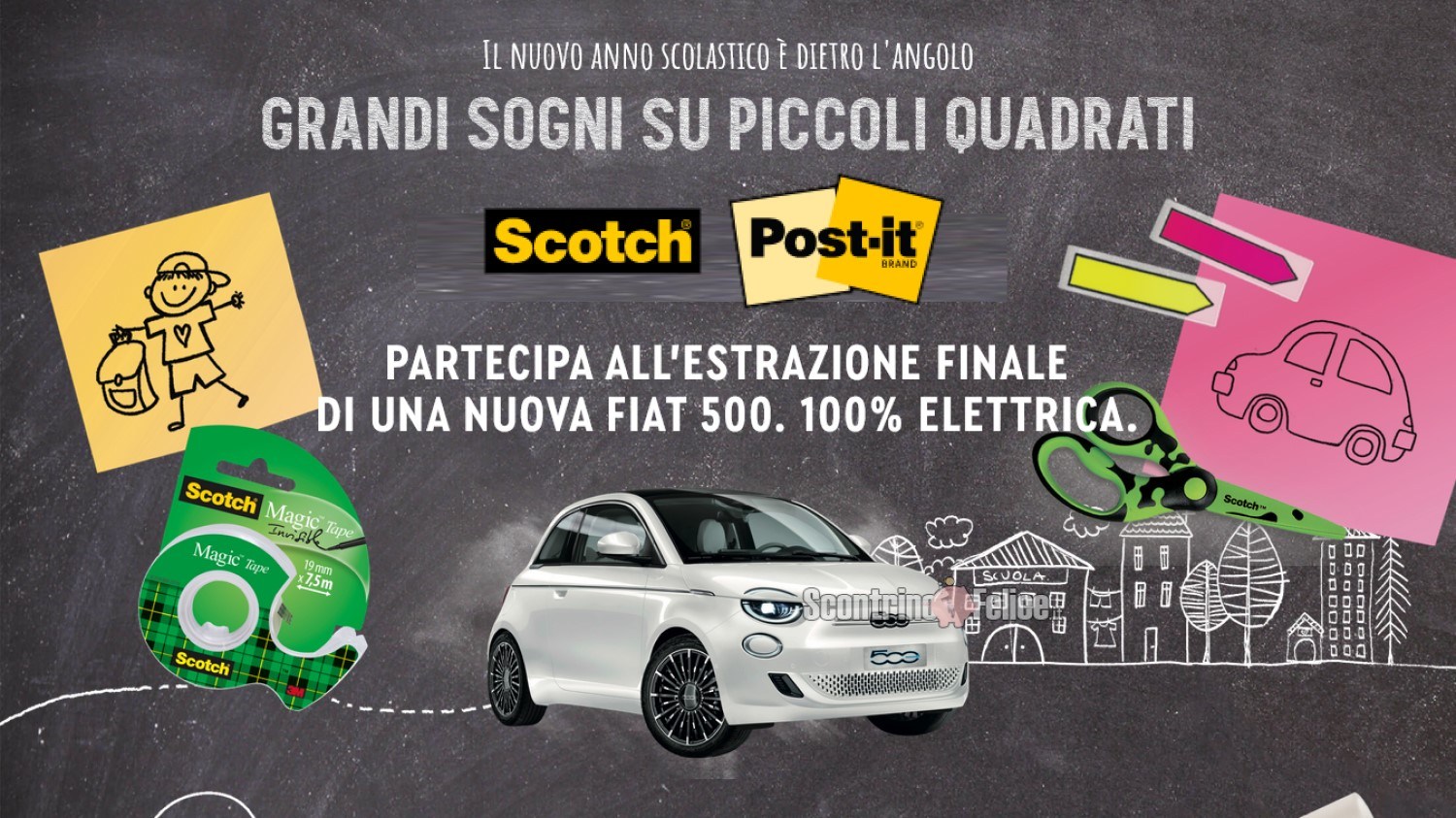 Concorso Post-it e Scotch "Grandi Sogni Su Piccoli Quadrati": vinci 1 Fiat 500 elettrica!