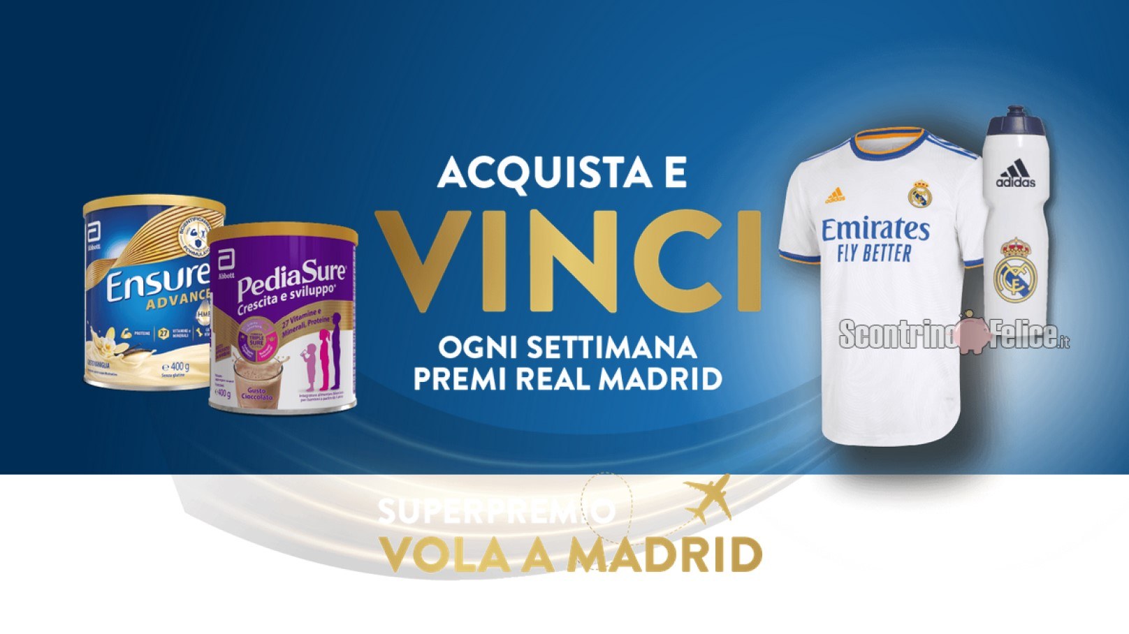 Concorso “Vinci con Pediasure ed Ensure”: in palio Borracce brandizzate Real Madrid, maglie ufficiali e un viaggio per assistere ad una partita!