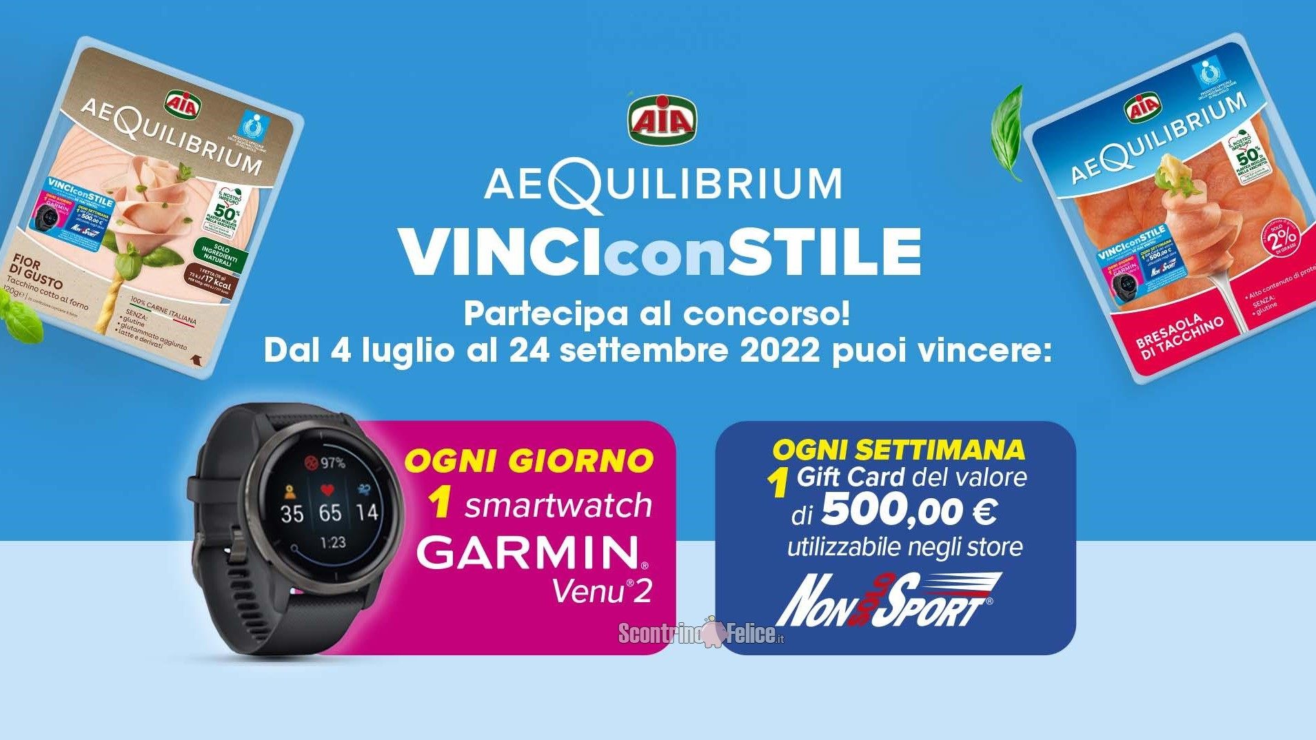 Concorso Aia AeQuilibirum "Vinci Con Stile": in palio smartwatch Garmin Venu 2 e gift card NonSoloSport da 500 euro