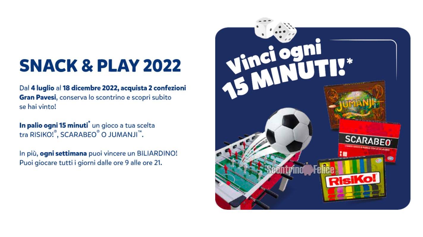 Concorso Gran Pavesi Snack&Play 2022: in palio 1 gioco a scelta tra Risiko Scarabeo e Jumanji ogni 15 minuti e un biliardino a settimana!