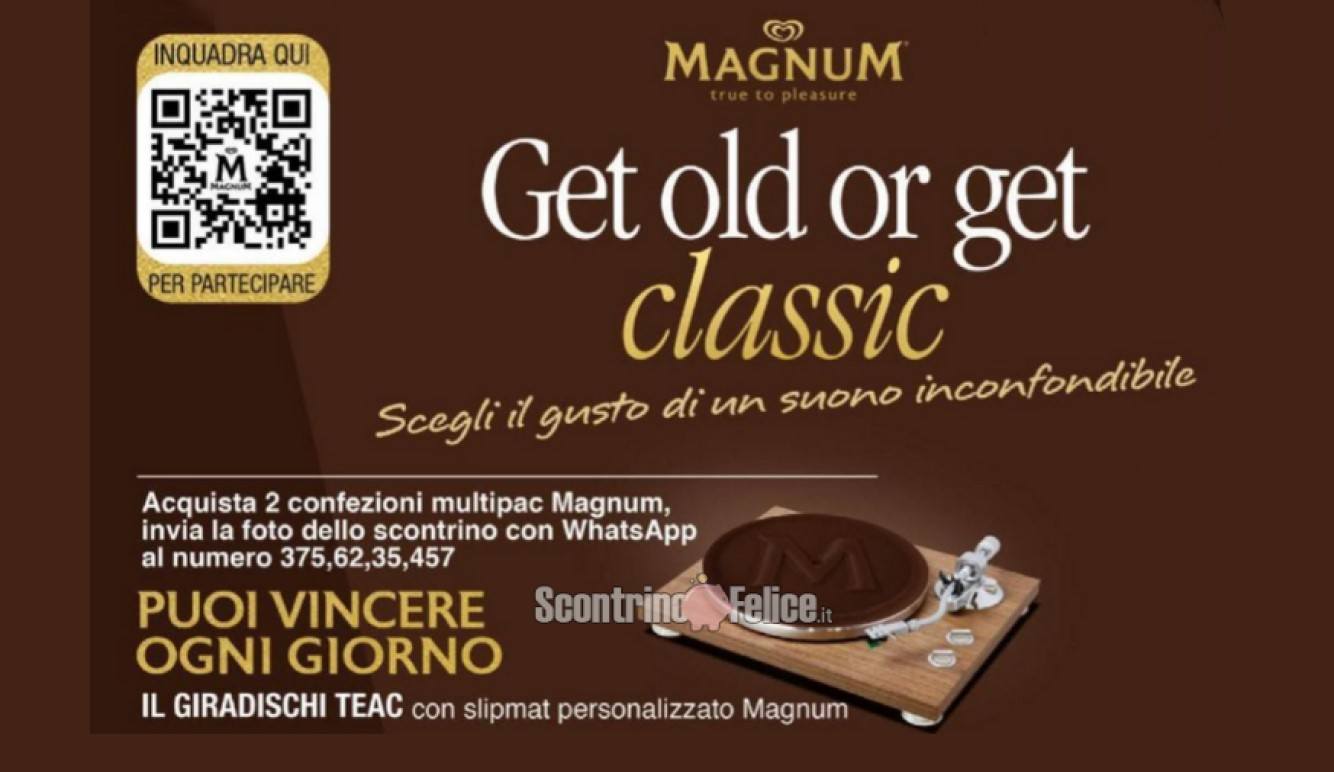 Concorso Magnum “Get Old Or Get Classic”: puoi vincere ogni giorno 1 Giradischi TEAC Bluetooth brandizzato