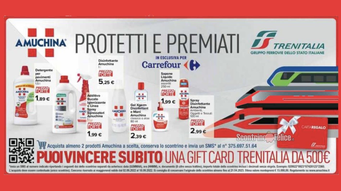 Concorso Amuchina "Protetti e Premiati" da Carrefour: in palio 30 gift card Trenitalia da 500 euro