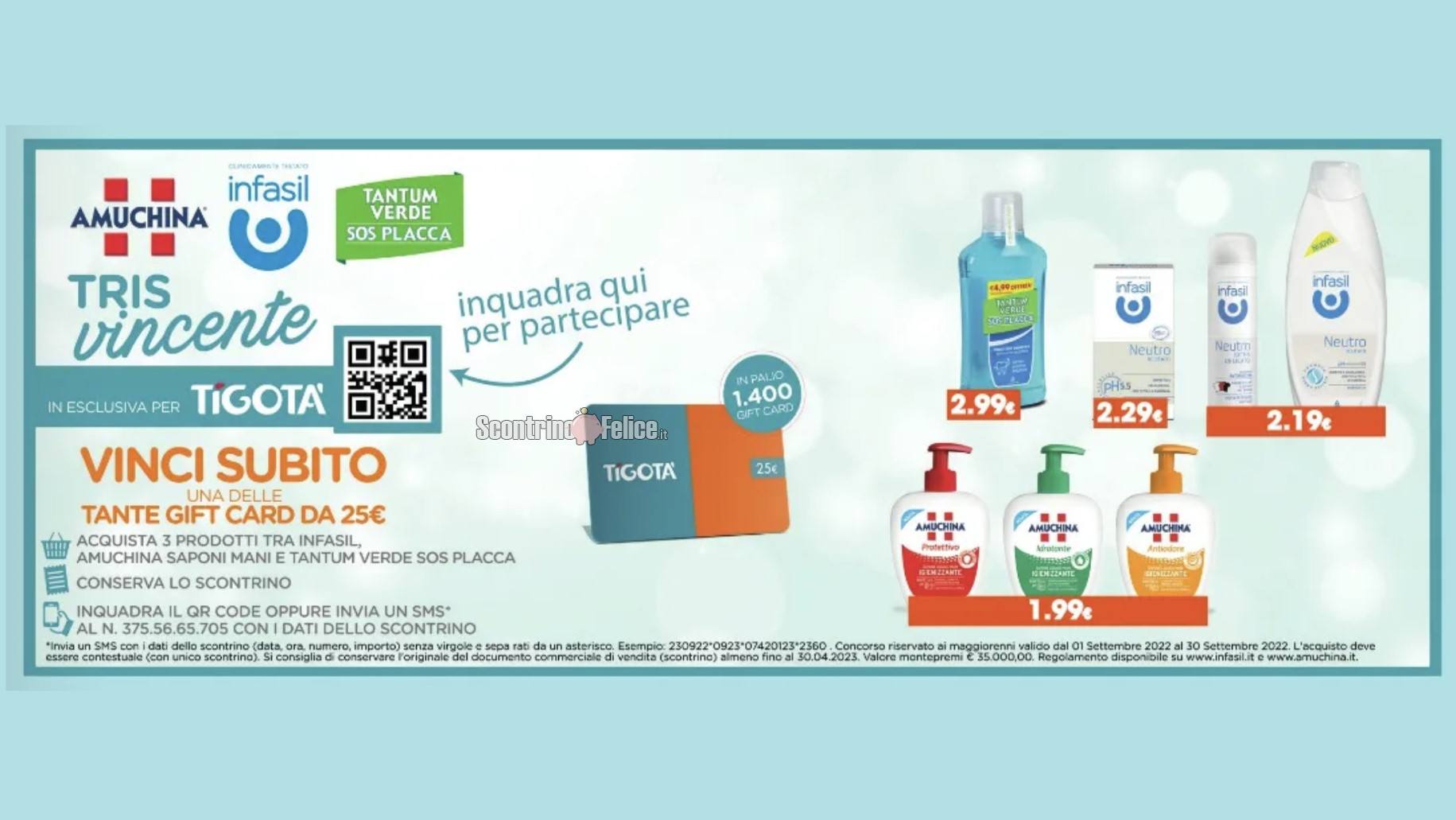 Concorso Infasil, Amuchina e Tantum Verde "Tris Vincente": vinci Gift Card Tigotà da 25 euro