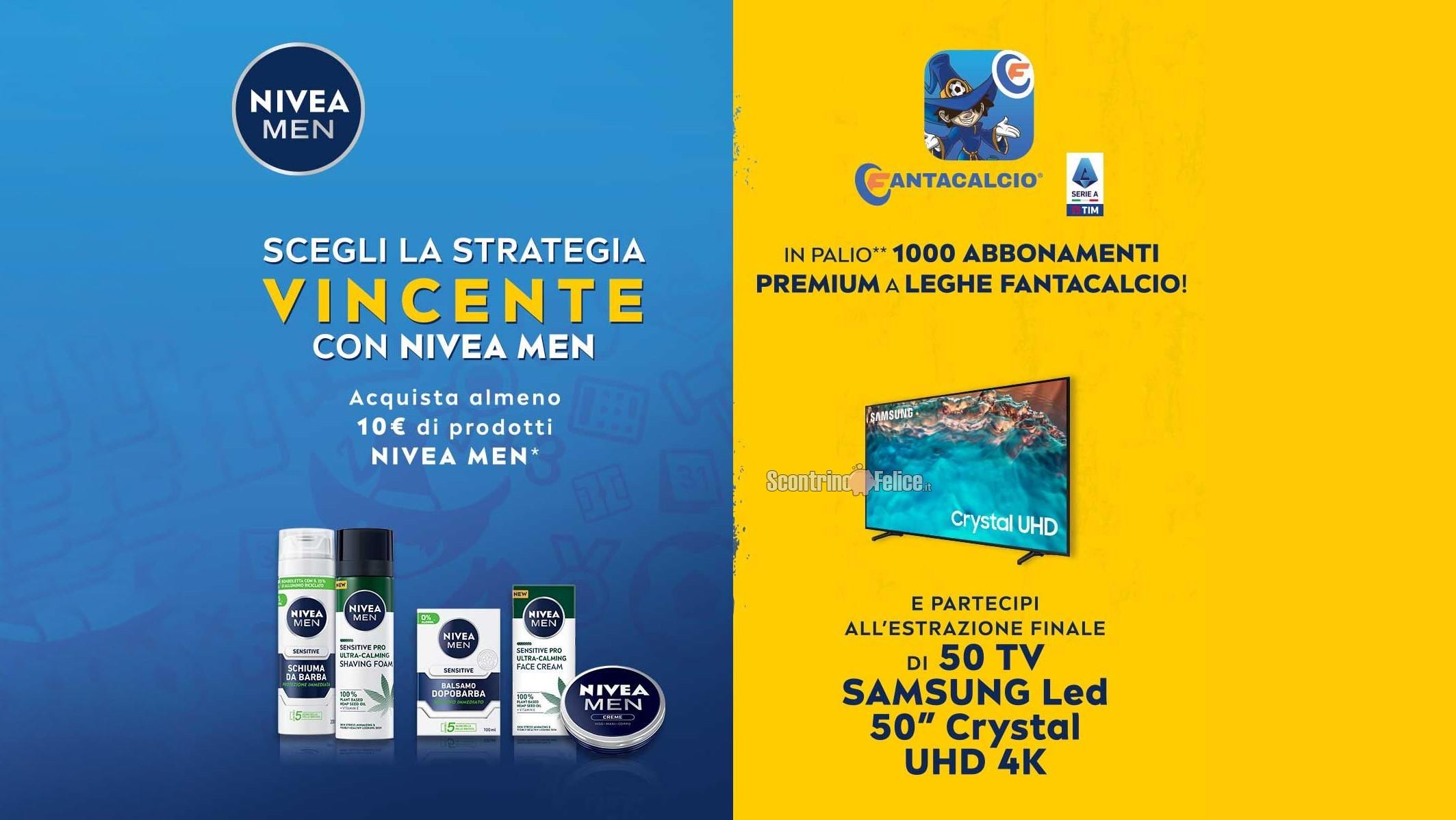 Concorso Nivea Men "Scegli la strategia vincente": vinci 1000 abbonamenti premium a Leghe Fantacalcio e 50 Smart TV Samsung 50"