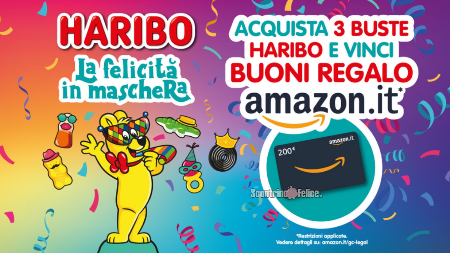 Concorso Haribo "La felicità in maschera": vinci buoni regalo Amazon da 200 euro!