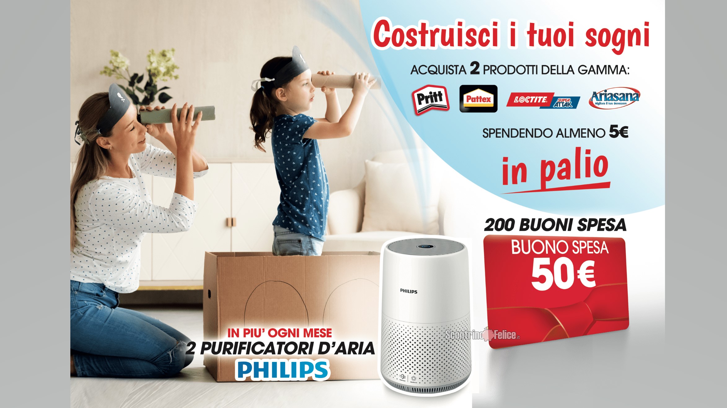 Concorso Loctite Super Attak, Pattex, Pritt, Ariasana “Costruisci i Tuoi Sogni 2023”: vinci buoni spesa e purificatori d'aria Philips