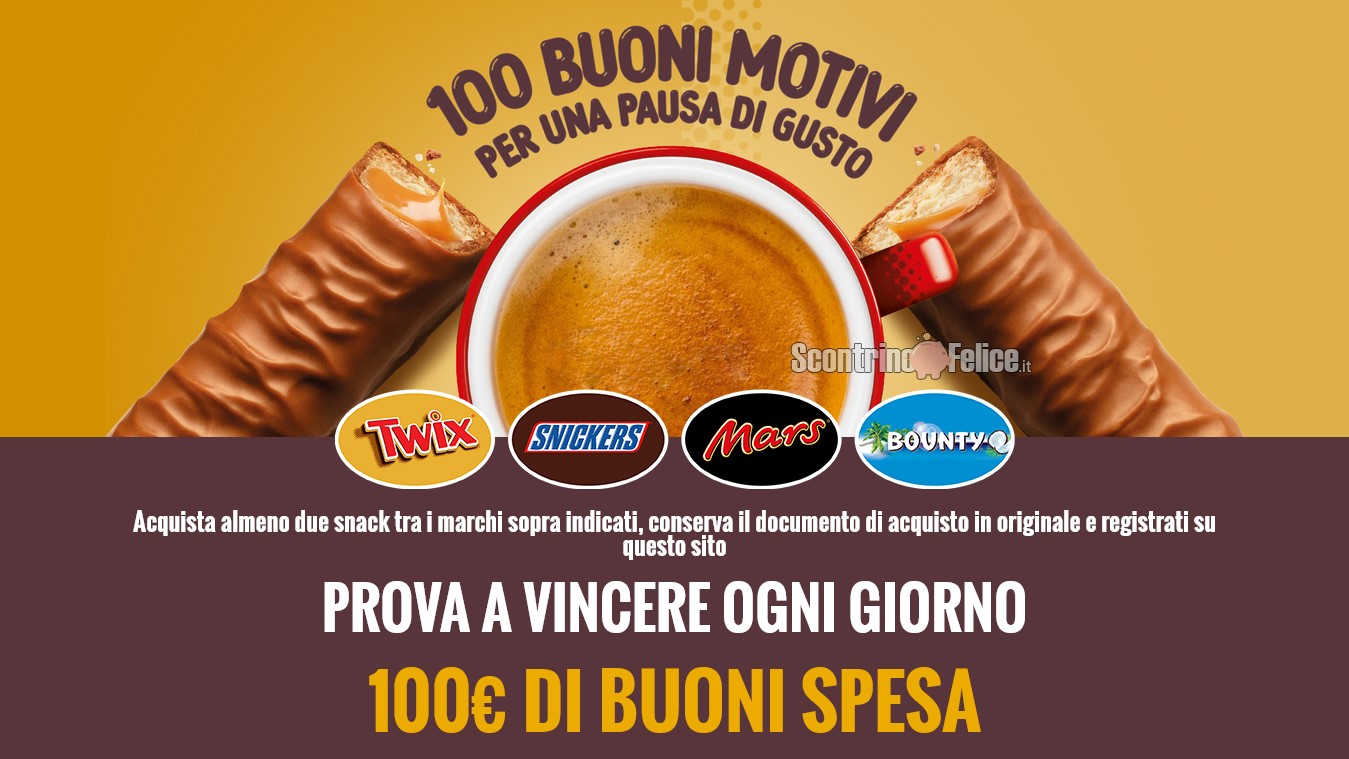 Concorso Twix, Mars, Bounty e Snickers: vinci buoni spesa da 100 euro