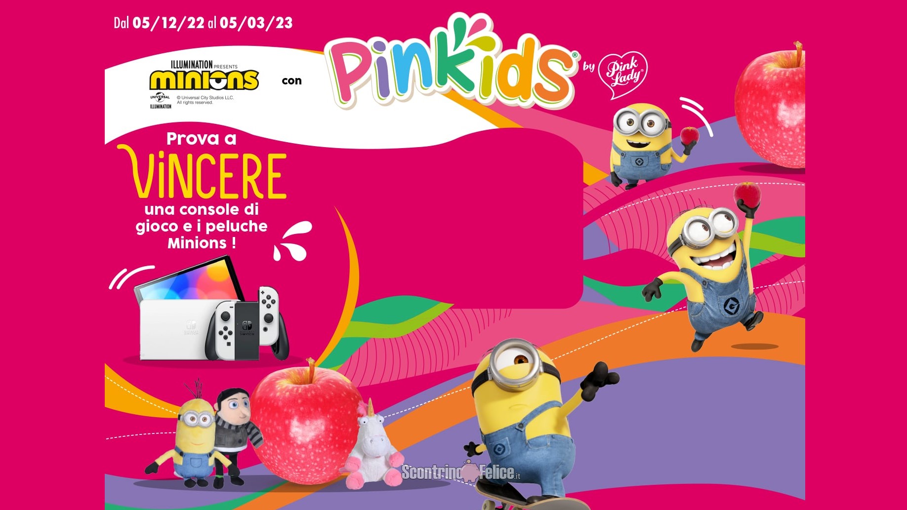 Concorso gratuito Pink Lady: vinci Nintendo Switch e peluche Minions!