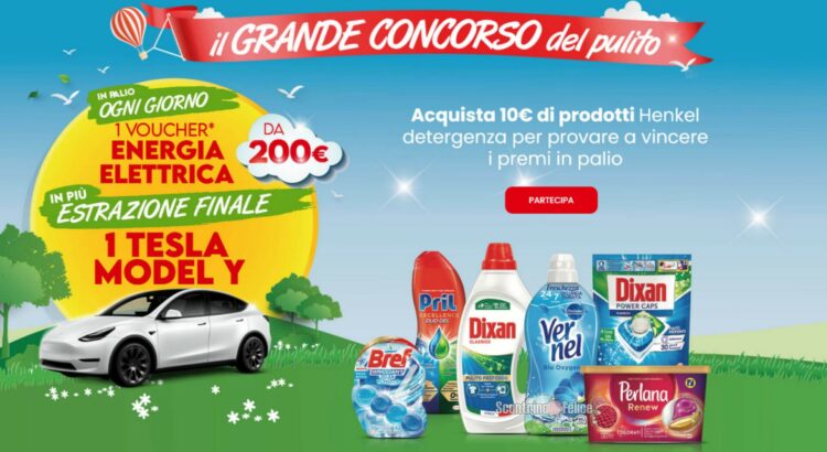 Concorso Henkel "Il grande concorso del pulito": in palio voucher energia elettrica e 1 automobile Tesla!