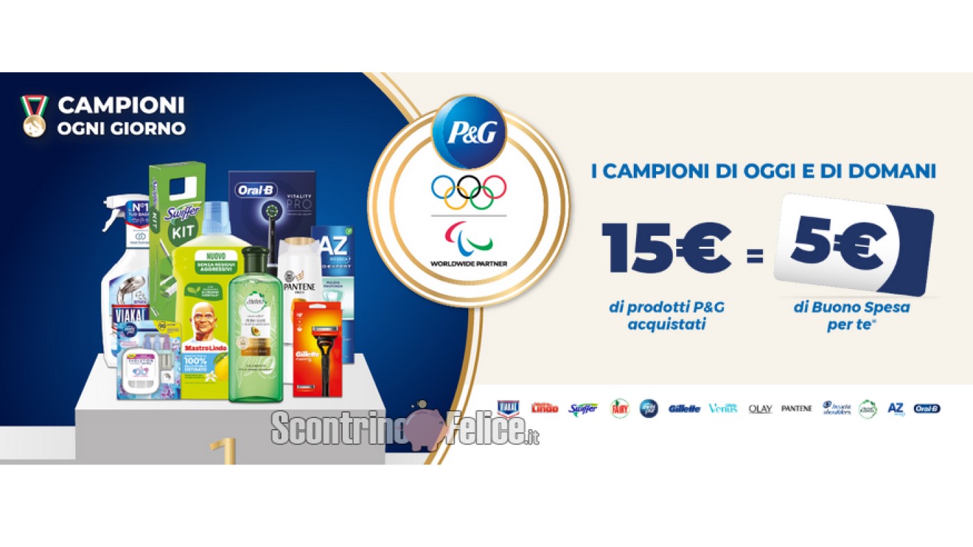 P&G "I campioni di oggi e di domani": spendi 15 euro e ricevi un buono da 5 euro