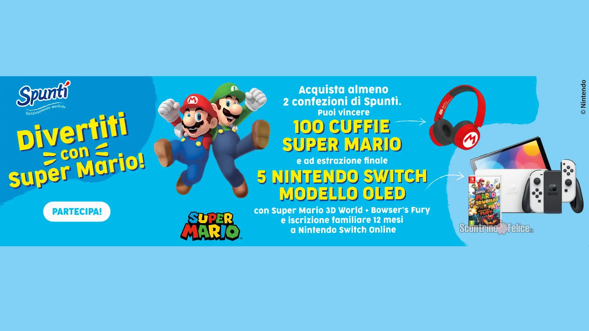 Concorso Spuntì “Divertiti con Super Mario”: vinci cuffie e Nintendo Switch