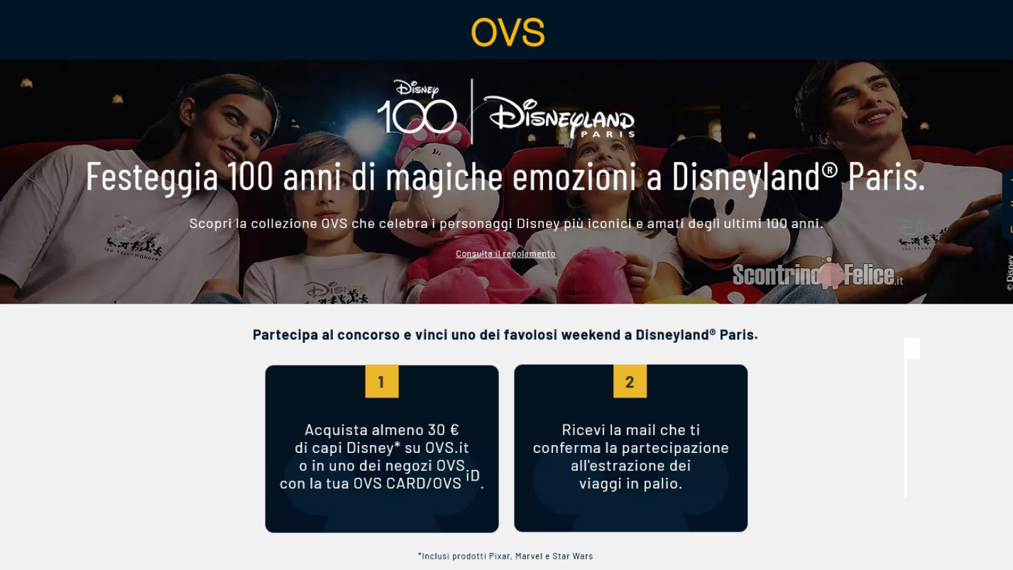 Concorso OVS "Disney - 100 anni di magiche emozioni": vinci 3 weekend a Disneyland Paris
