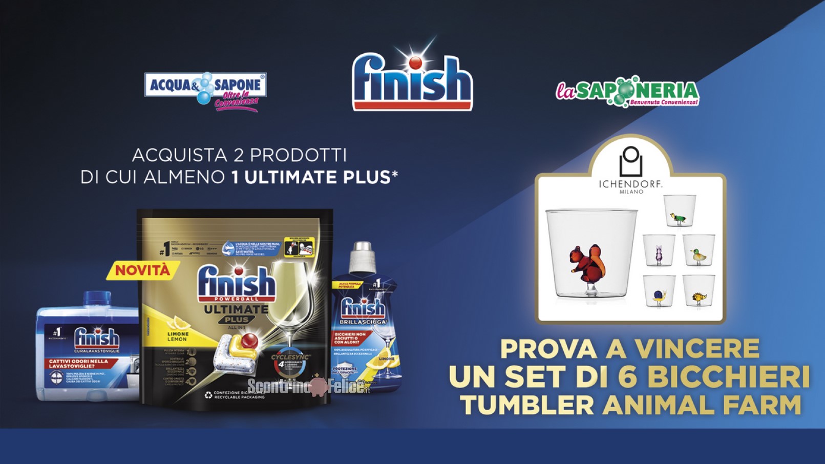 Concorso Finish “Fai brillare la tua casa con Ultimate Plus”: vinci set di 6 bicchieri Tumbler Animal Farm