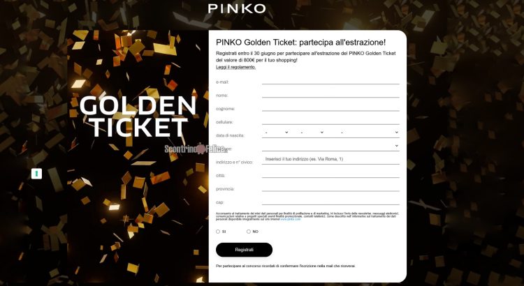 Concorso gratuito PINKO Golden Ticket: vinci gift card da 800 euro