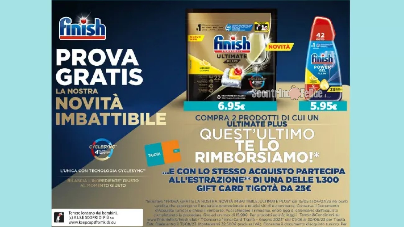 Concorso Finish da Tigotà (giugno 2023): vinci una delle 1300 gift card da 25 euro in palio!