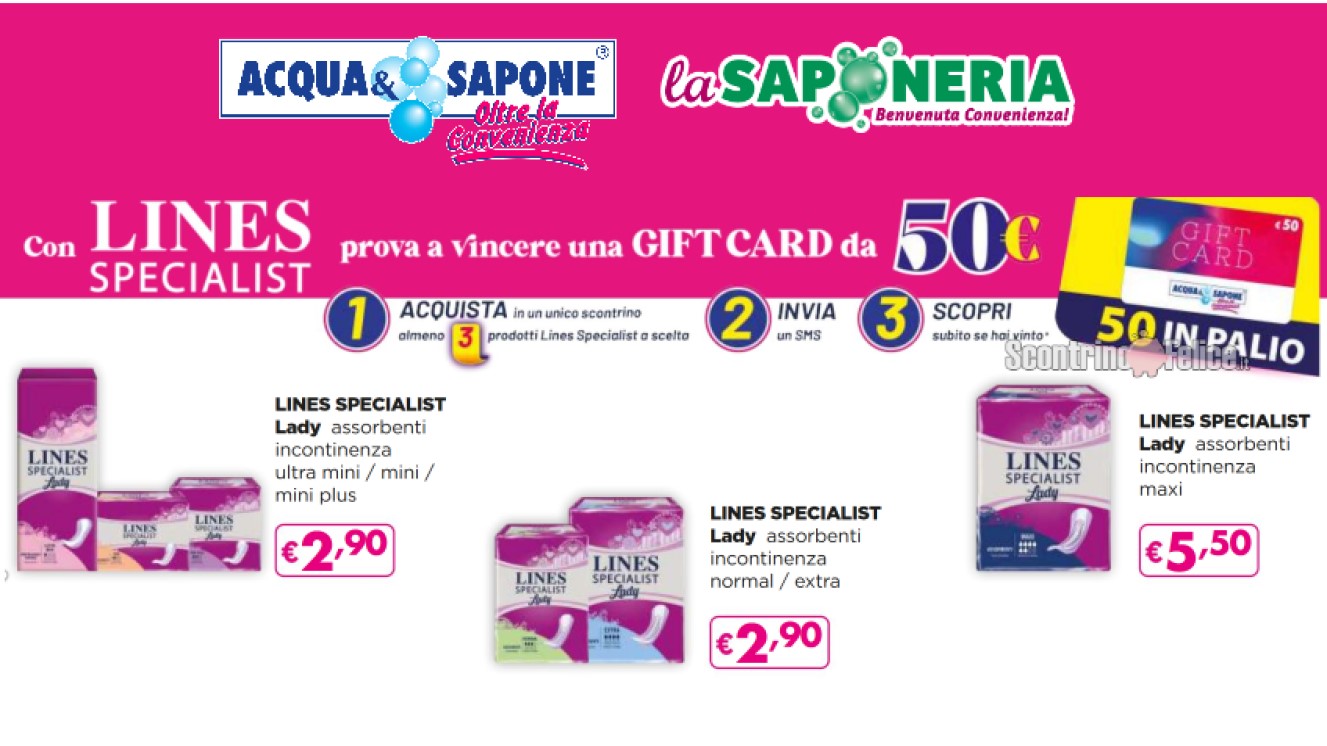 Concorso Lines Specialist: vinci Gift Card da 50 euro Acqua e Sapone e La Saponeria