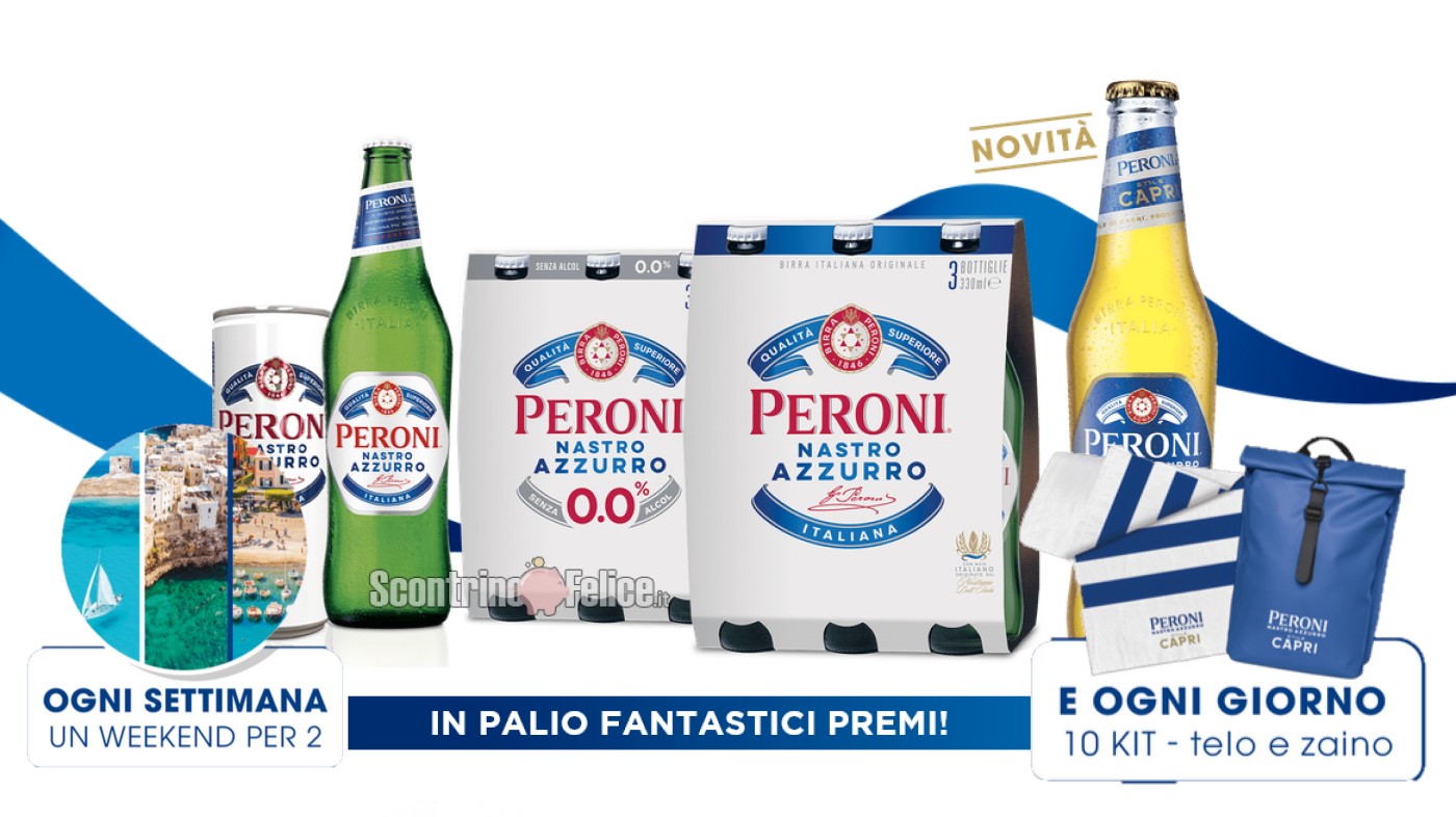 Concorso Peroni Nastro Azzurro "Il gusto della tua estate": vinci kit zaini+telo mare e weekend in Italia