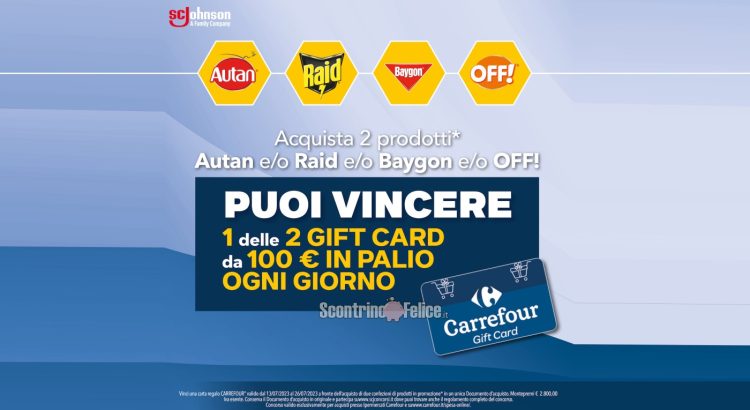 Concorso Raid, Baygon, Autan e OFF da Carrefour: vinci 28 gift card da 100 euro