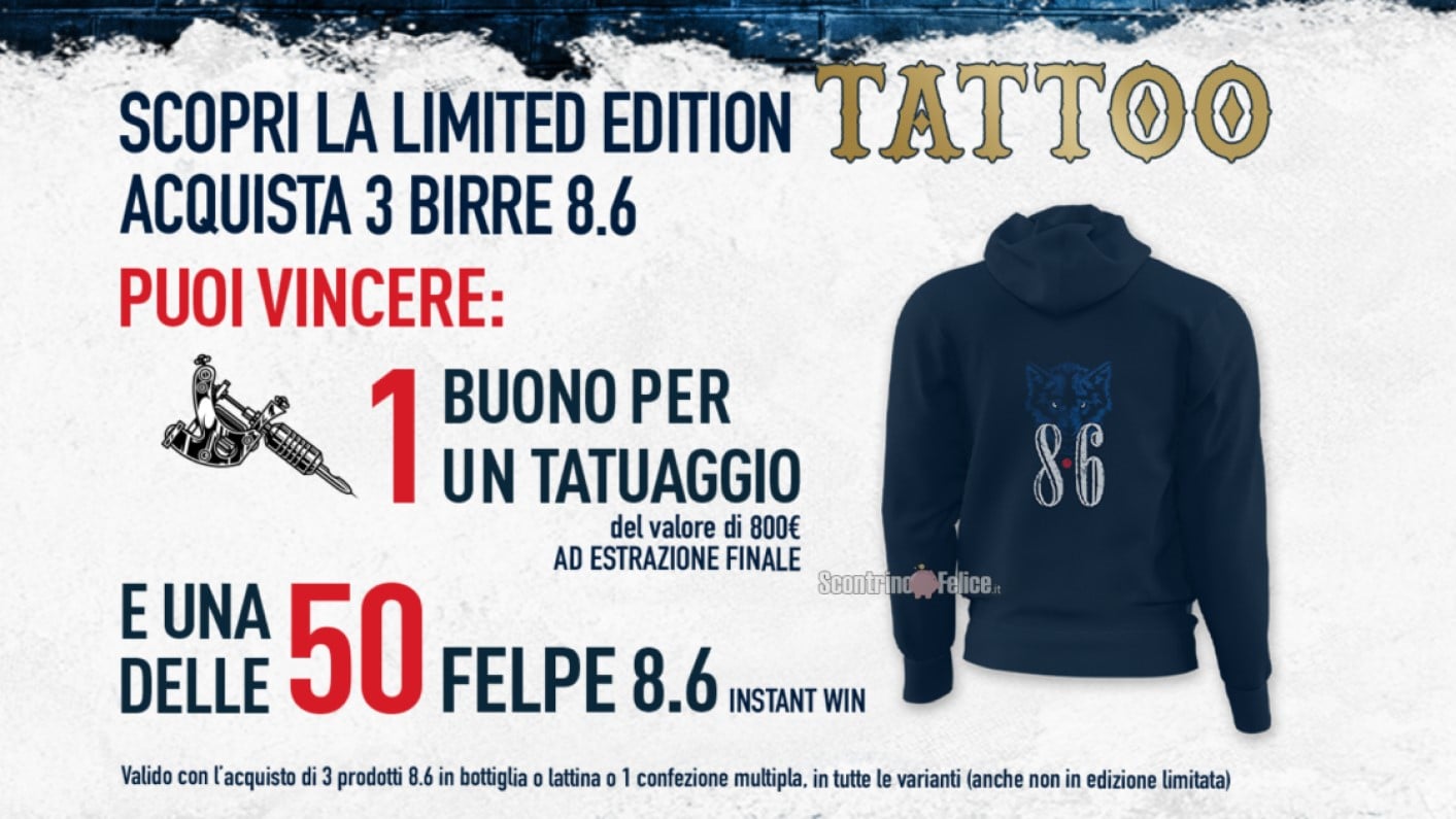Concorso 8.6 Tattoo Limited Edition 2023: vinci felpe e un tatuaggio da 800 euro