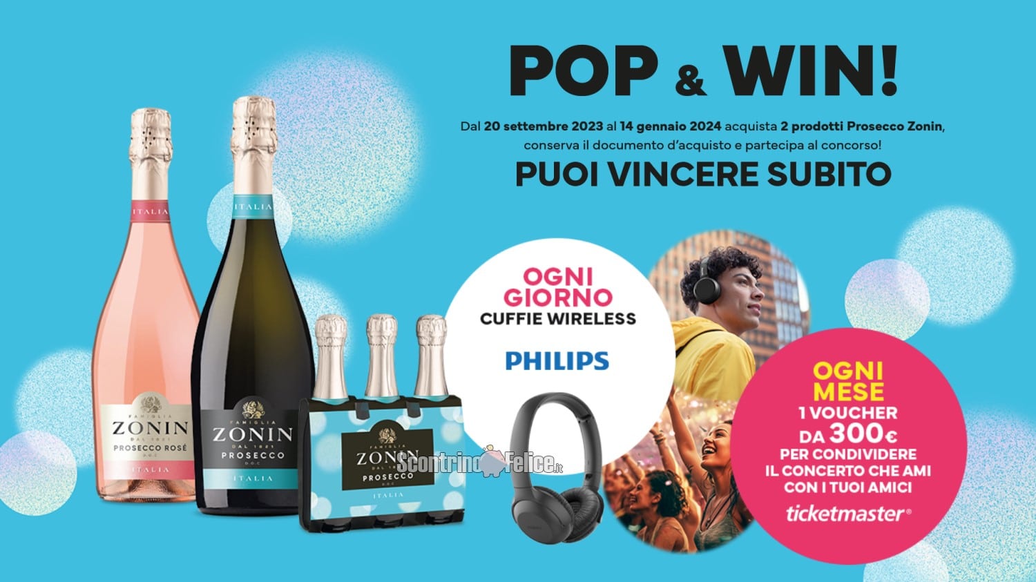 Concorso Zonin: vinci cuffie Philips e voucher Ticketmaster da 300 euro