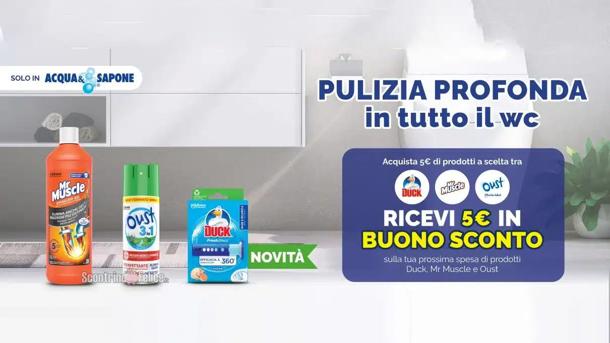 Duck, Mr Muscle e Oust “Un Bagno Pulito e Igienizzato”: ricevi 1 buono da 5 euro