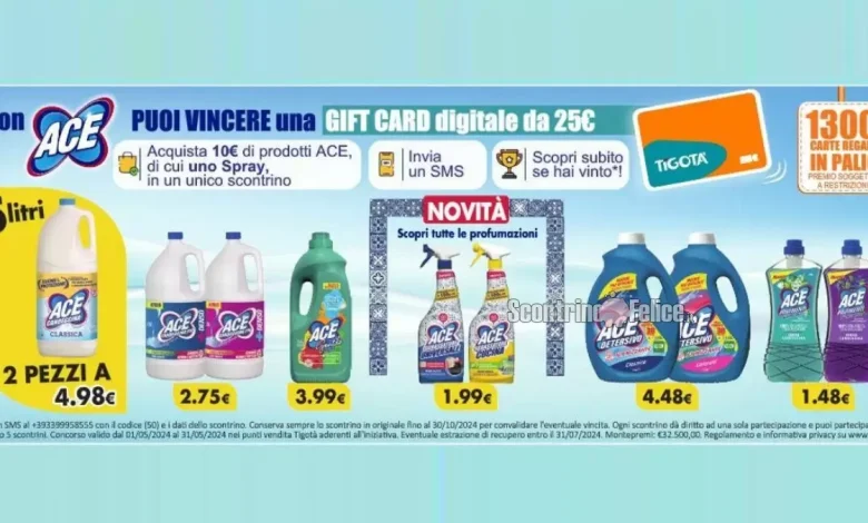 Concorso Ace da Tigotà: vinci 1300 gift card da 25 euro