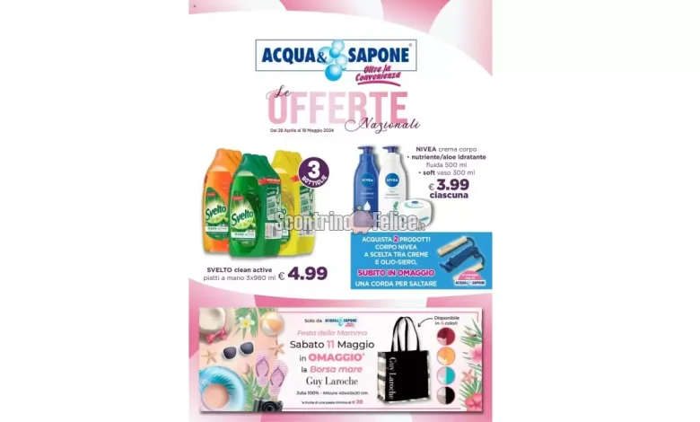 Nuovo volantino Acqua e Sapone Nazionale dal 28 aprile al 18 maggio 2024